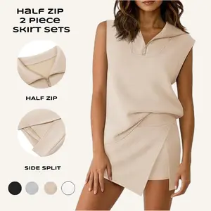 Imily Bela Womens 2 Piece Skirt Sets Summer Sleeveless Half Zip Sweatshirt Athletic Skorts Tennis Outfits Casual Sweatsuits