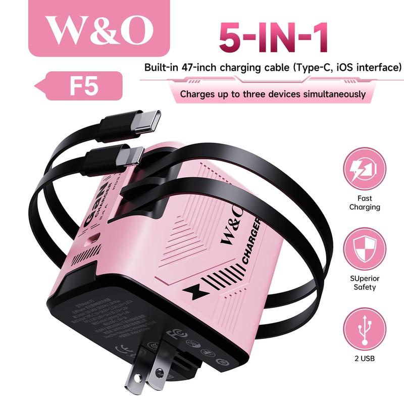 W&O 4-in-1 Portable GaN Fast Charger  Compatible with 120W Fast Chargeing with Retractable Cable USB-C & Lightning Usb Connector iphone 16 plus cases smart watch iphone 15 pro max earbuds portable charger chargers android phones power bank power bank