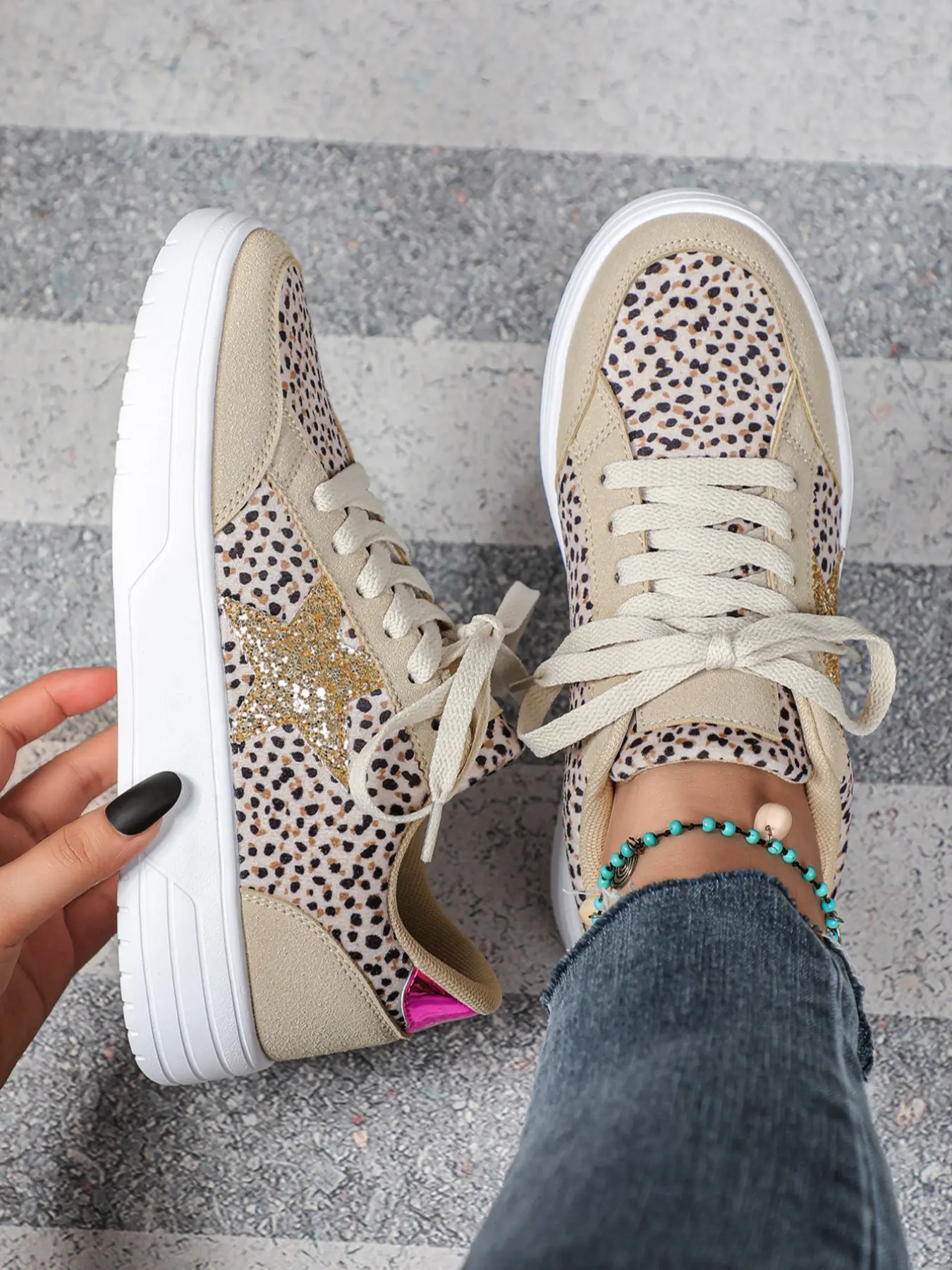 Women's Trendy Colorblock Leopard Print Outdoor Couple Skate Shoes, Casual Sneakers, Comfortable Lightweight Low Top Breathable Casual Sports Shoes