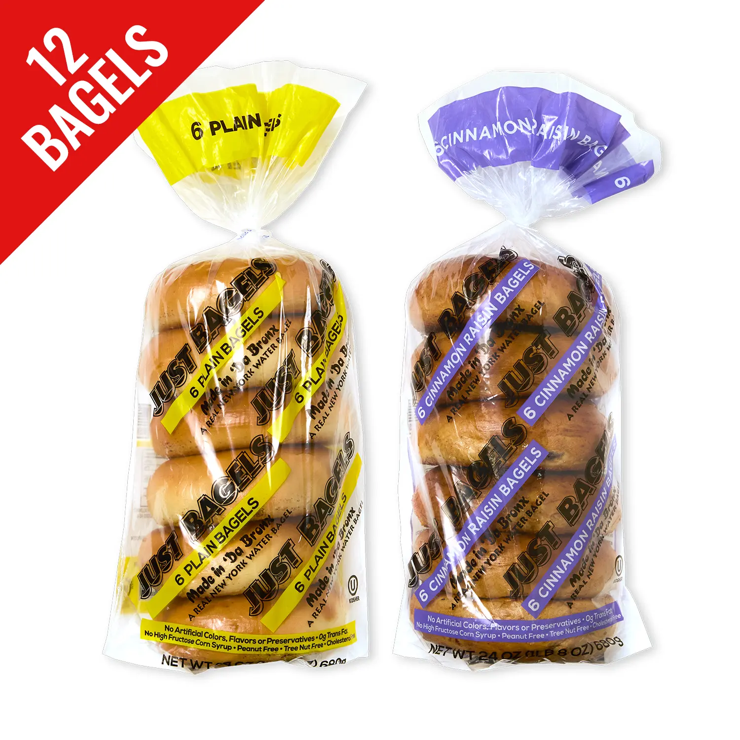 Just Bagels 6 Plain and 6 Cinnamon Raisin Bagels Non-GMO Authentic New York Style Chewy Crunchy Bagels Made in Da Bronx