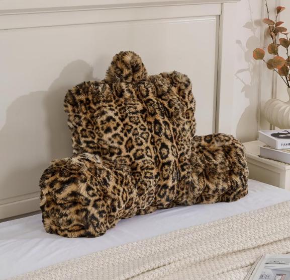 18in Velvet Bed Wedge Pillow - Adult Back Rest Support Cushion for Sitting Up in Bed/Couch, Leopard Brown Sleeping Pillow, Pillows