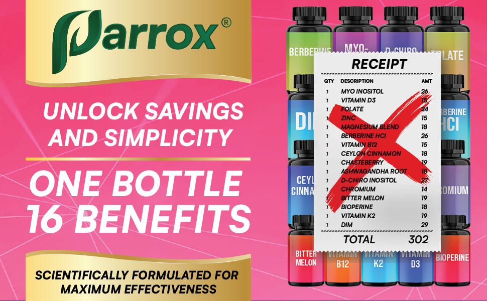 Parrox Myo-Inositol Supplement - Women's Hormones & Cycle Support - with D-Chiro Inositol & 13+ Extra Strength Ingredients - 90 Vegan Capsules - MADE IN USA Healthcare Vitamin