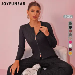 Joyfunear Women's Casual Solid Color Ribbed Knit Zip-Up Cardigan & Wide-Leg Pants Set - Adjustable Fit, Long Sleeves, Loungewear