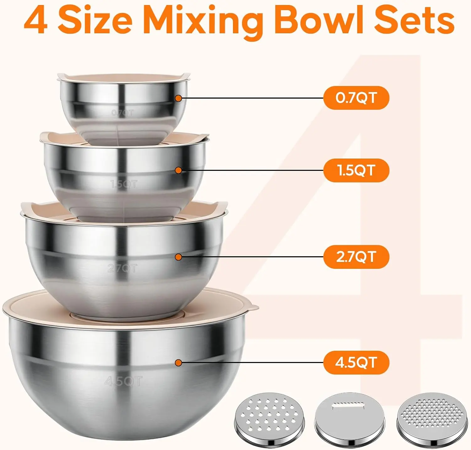 4Pcs Stainless Steel Mixing Bowls with Lids Set, 3 Grater Attachments, Airtight Lids Mixing Bowl Set, Large Prep Metal Mixing Bowls for Kitchen,  Tableware