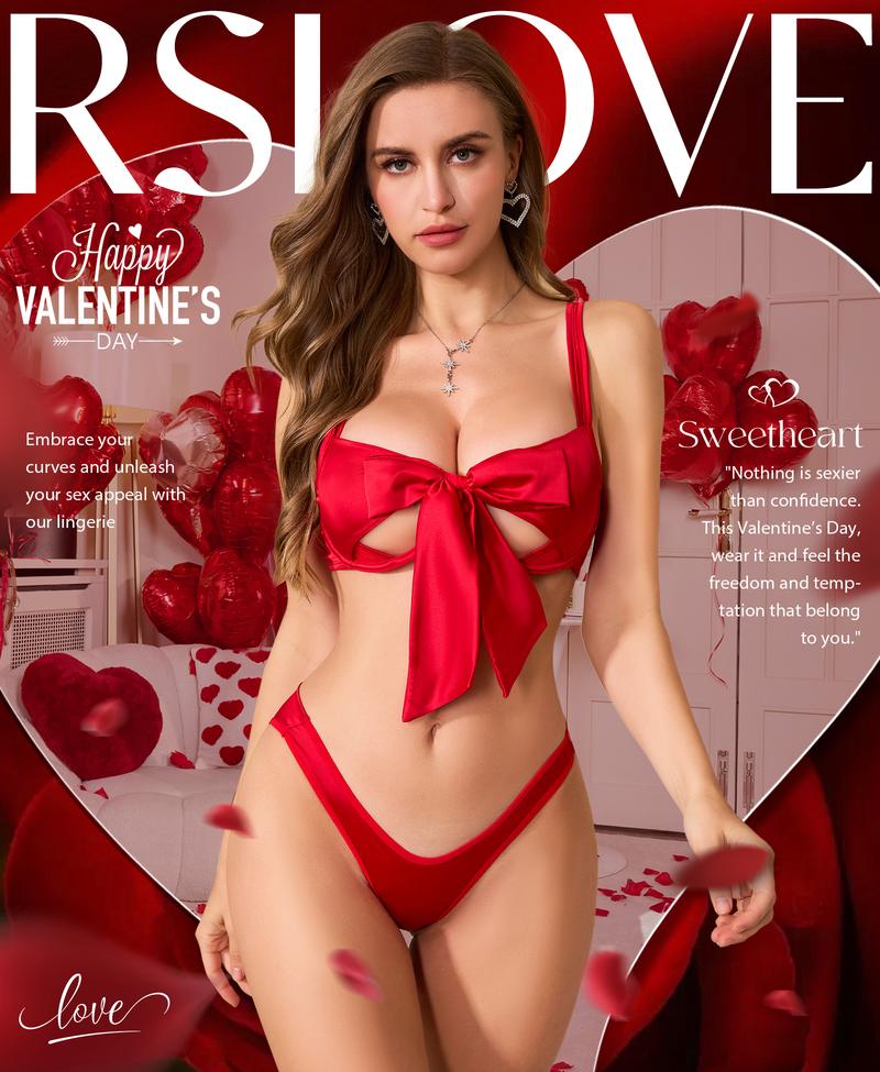 RSLOVE Valentine's Day Lingerie Sets for Women Sexy Satin Bow 2 Piece Bra and Panty Sets with Underwire Cups & Adjustable Straps The Ultimate Holiday Gift For Her Fit Matching Silky