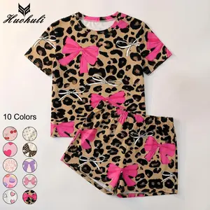 Women's Leopard Print Pajamas Set, Spring Summer Pink Heart Loungewear, Classic Fit & Elastic Waist Shorts, Comfort Cherry Pjs Homewear