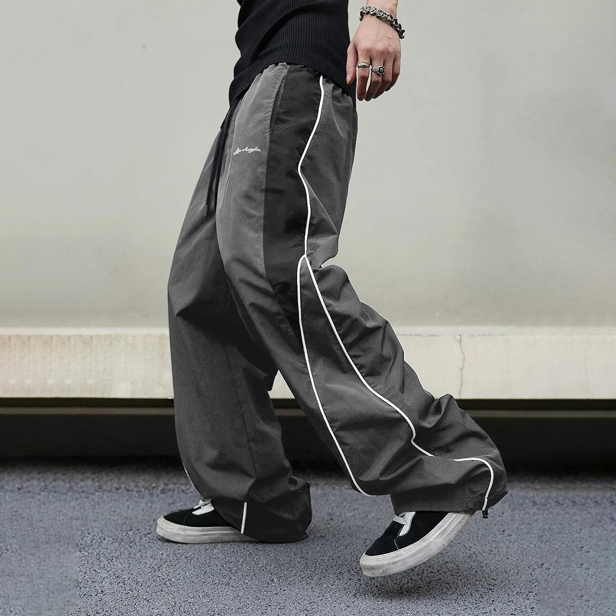 Men's high street style contrasting color splicing side striped tied wide-leg pants, American retro Los Angeles printed design loose drape sweatpants, multi-color optional thin casual pants are suitable for spring and summer wear