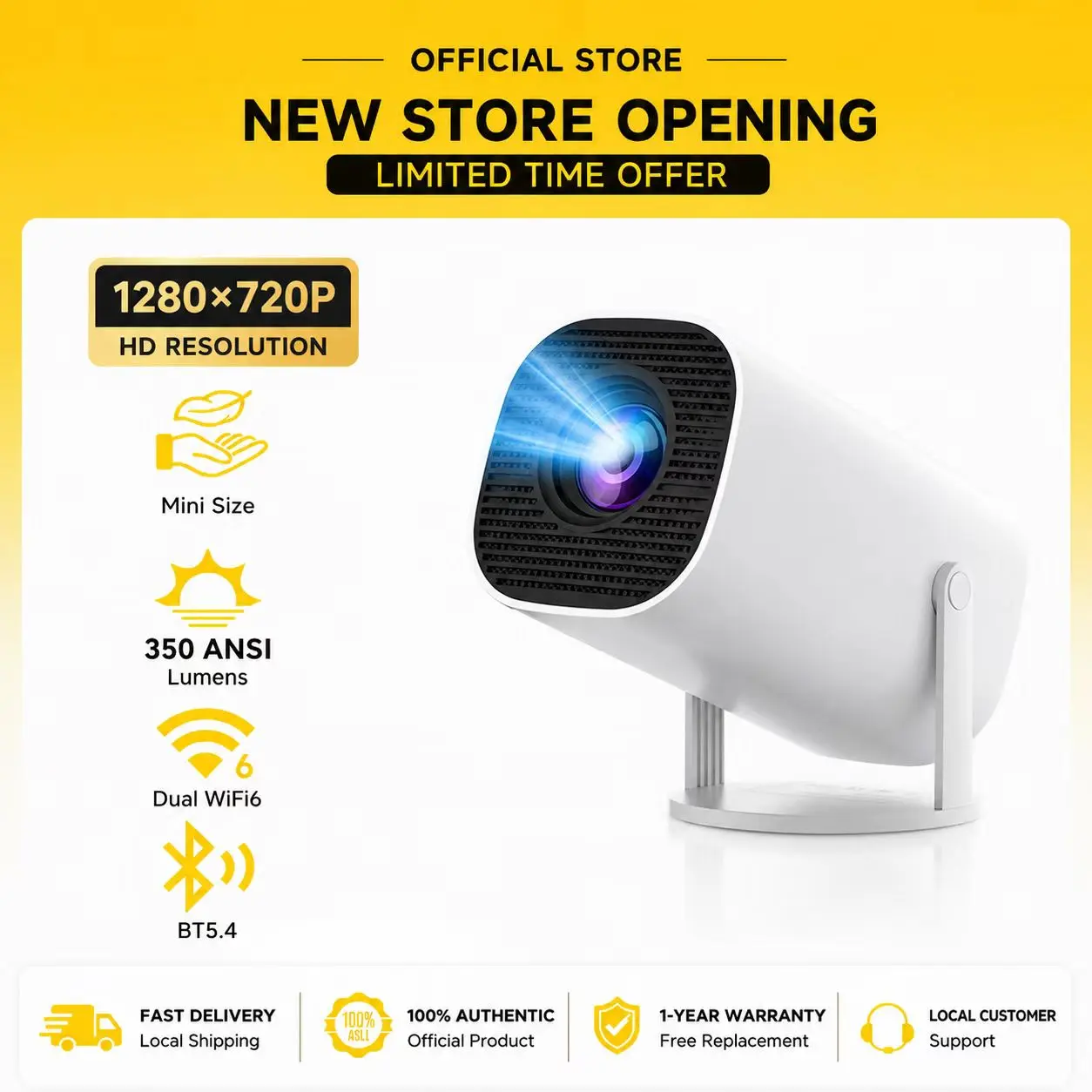 Mini Projector 350ANSI 720P Native 4K Decode | Android 13 Dual WiFi6 BT5.2 | Auto Keystone 130" Screen for Home Cinema | US Stock