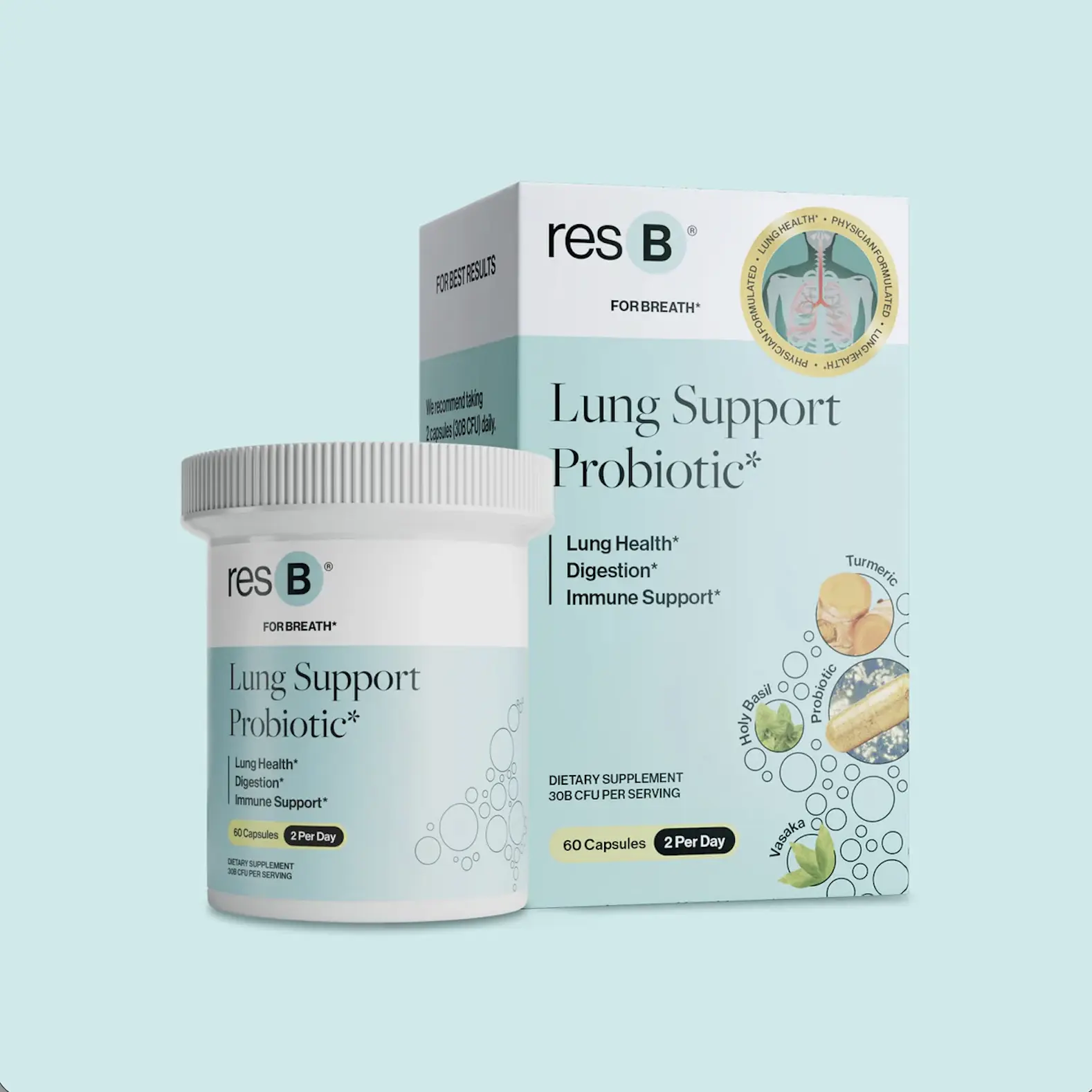 resB Lung Support Probiotic Supplement - Daily Respiratory Probiotic for Gut & Immune Support - 60 Capsules