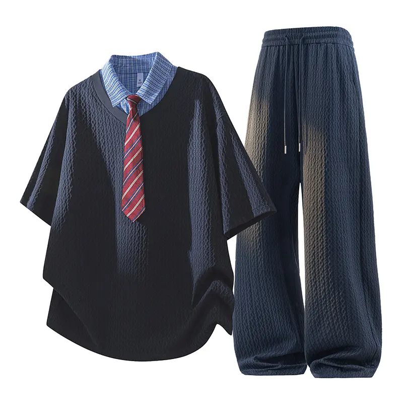 Menswear 2-Piece Stylish Preppy Jacquard Casual Set - New Summer Color-Block Notched Lapel Tie Shortsleeve Shirt + High-Waisted Drawstring Wide-Leg Jeans (Pair with Sneakers/Loafers) #SummerWins