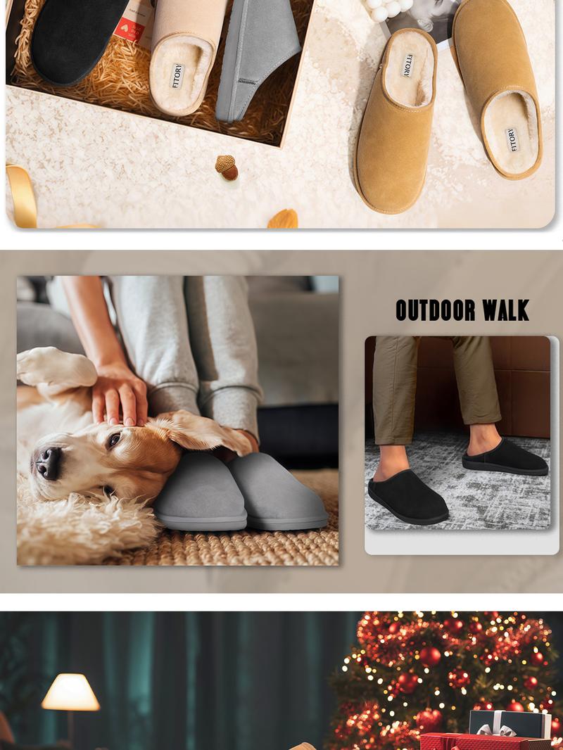 FITORY Men’s Leather House Slippers, Cozy Winter Memory Foam Slip-On Shoes, Warm & Durable Indoor Footwear Size 7-14