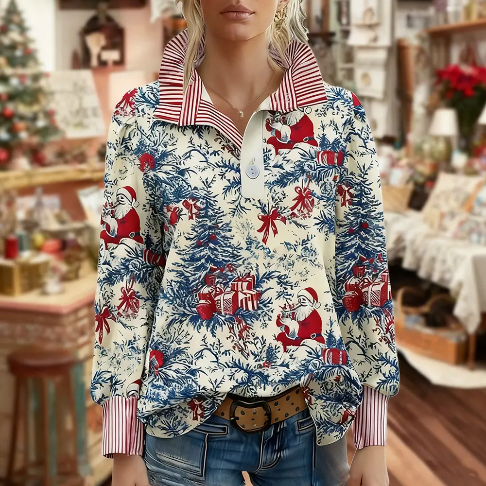 Stylish New Model Vintage Chrisas Santa Print Long Sleeve Top Casual Blouses Womenswear Collared Soft Fall Outfits Women Cute Tops Elegant Classy Office Fabric Piece Shirts, Basic, Coord Set, Versatile