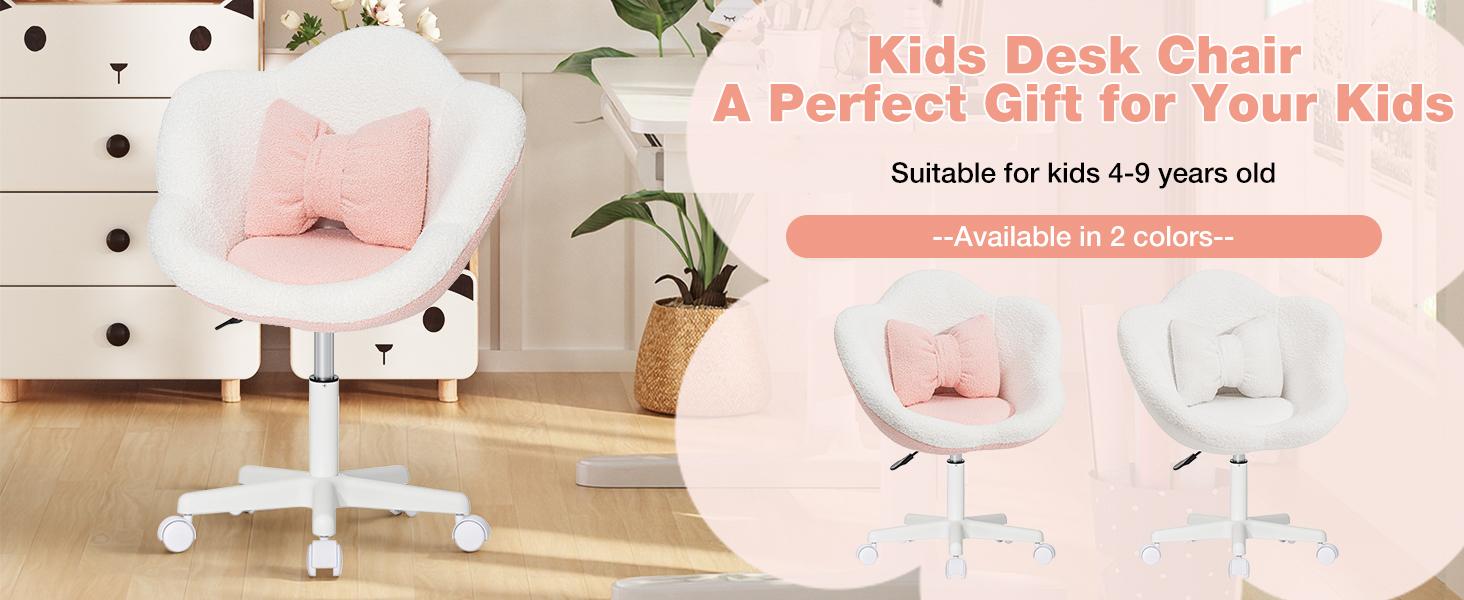 HOFFREE Kids Desk Chair Ergonomic Flower Study Chair Boucle Swivel Kids Computer Chair Adjustable Height Cute Children Desk Chair for Boys Girls in Home Bedroom Study Room Pink and Beige