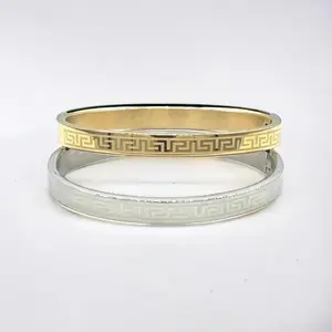 Stainless Steel Gold 6MM Greek Design With White Enamel Bangle