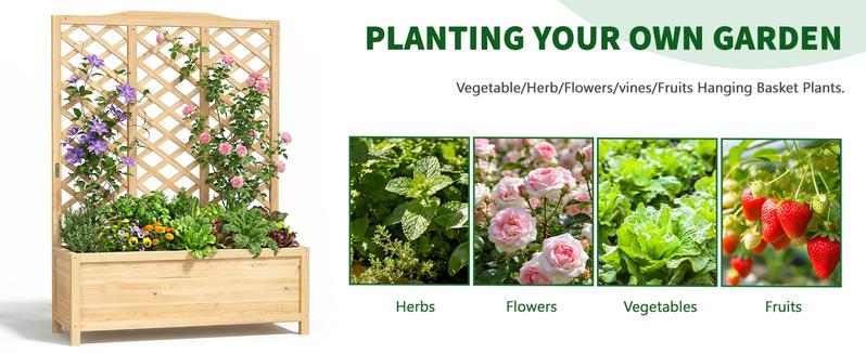Lilypelle Raised Garden Bed with Trellis, 30" L x 16" W x 59" H / 44" L x 16" W x 59" H, Elevated Wooden Planter Box for Climbing Plants, Freestanding Outdoor Garden Box for Patio, Backyard, and Balcony Décor