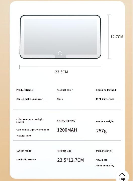 Tri-Color LED High Definition Glass Makeup Mirror for Car Visor with USB Charging, Magnetic Detachment, Flat Lens, Fits All Vehicle Models