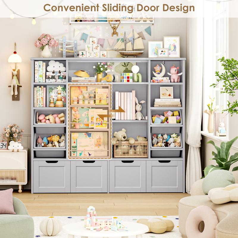 FOTOSOK 55.1" W Toy Storage with Sliding Bookshelf, Large Kids Bookshelf with 4 Movable Drawers and 4 Bins