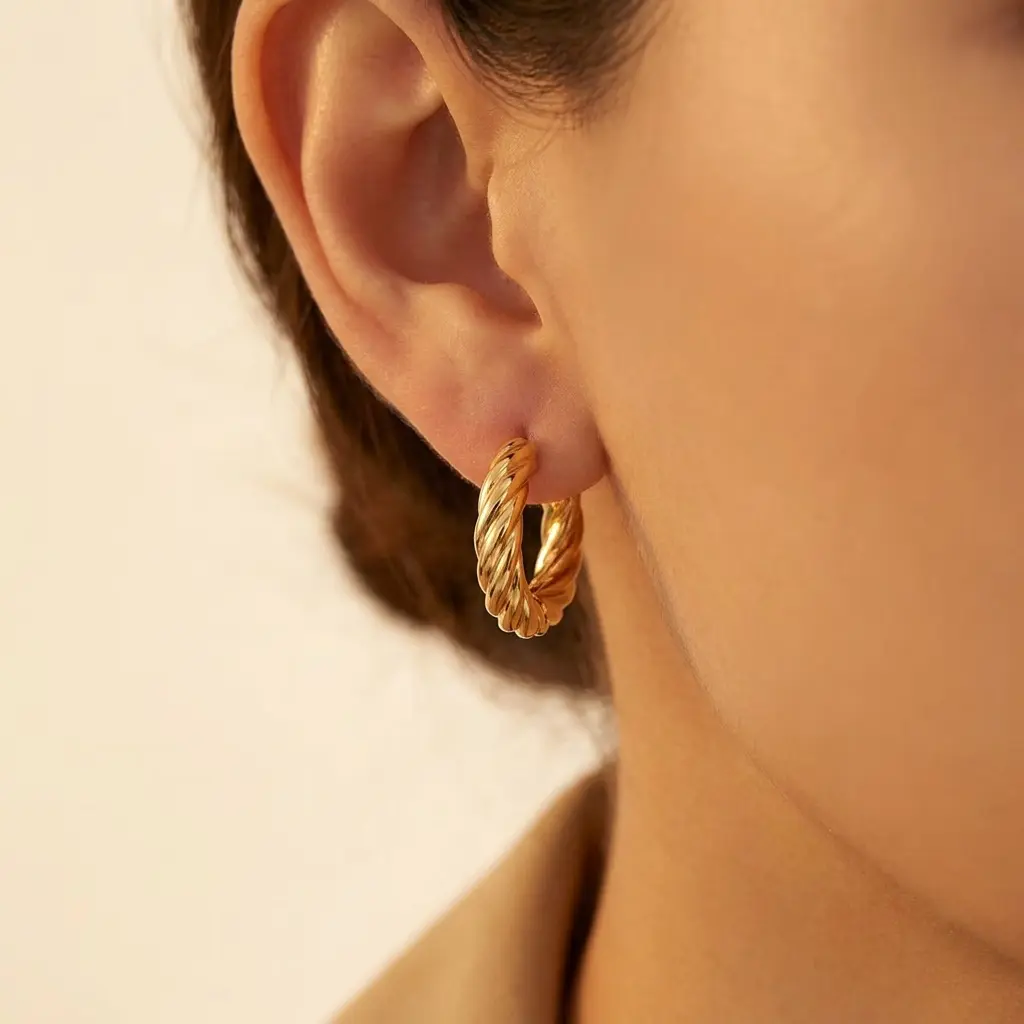 14K Gold Twisted Croissant Huggie Hoop Earrings — 14mm Small Dainty Hoops for Women, Hypoallergenic Everyday Jewelry, Gift for Mom Her Wife Girlfriend