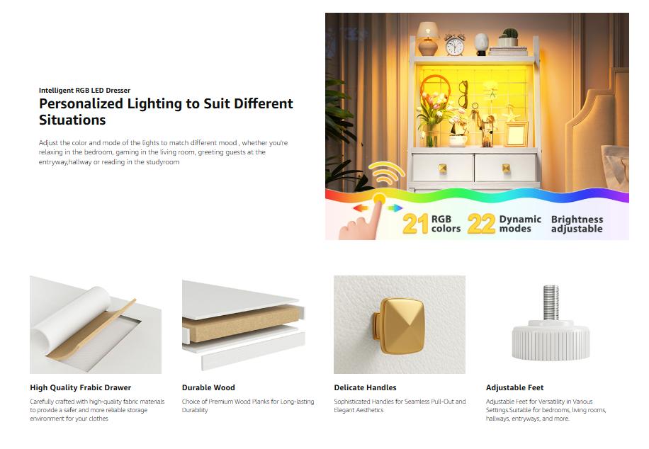 RaybeeFurniture Tall Dresser with LED Lights, 6/7Drawer Nightstand with Open Wood Shelf & Fabric Bins, 51.2" H Bedroom Chest of Drawers with Metal Frame, Bedside Storage Cabinet [Falldealsforyou]