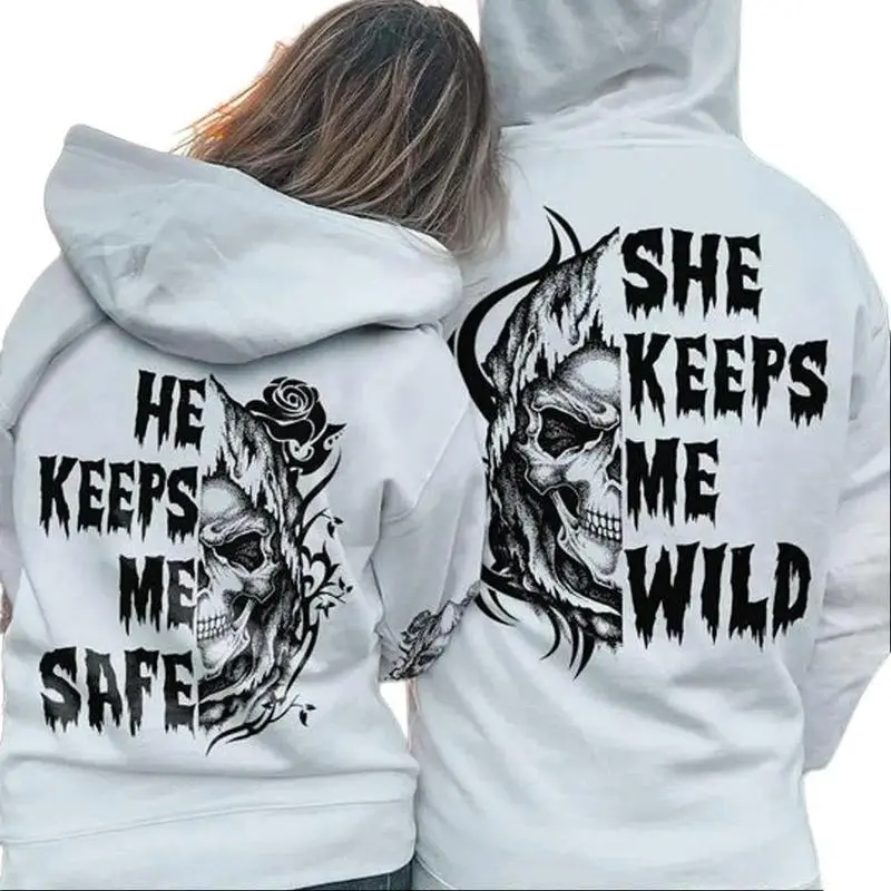 Men's Unisex Hoodie Sweatshirt - 100% Cotton Fleece Long-Sleeve Crew Neck Pullover, Digital Print "He Keeps Me Safe She Keeps Me Wild", Romance-Focused Easter Valentines Day Gift, Figure-Flattering Casual Top