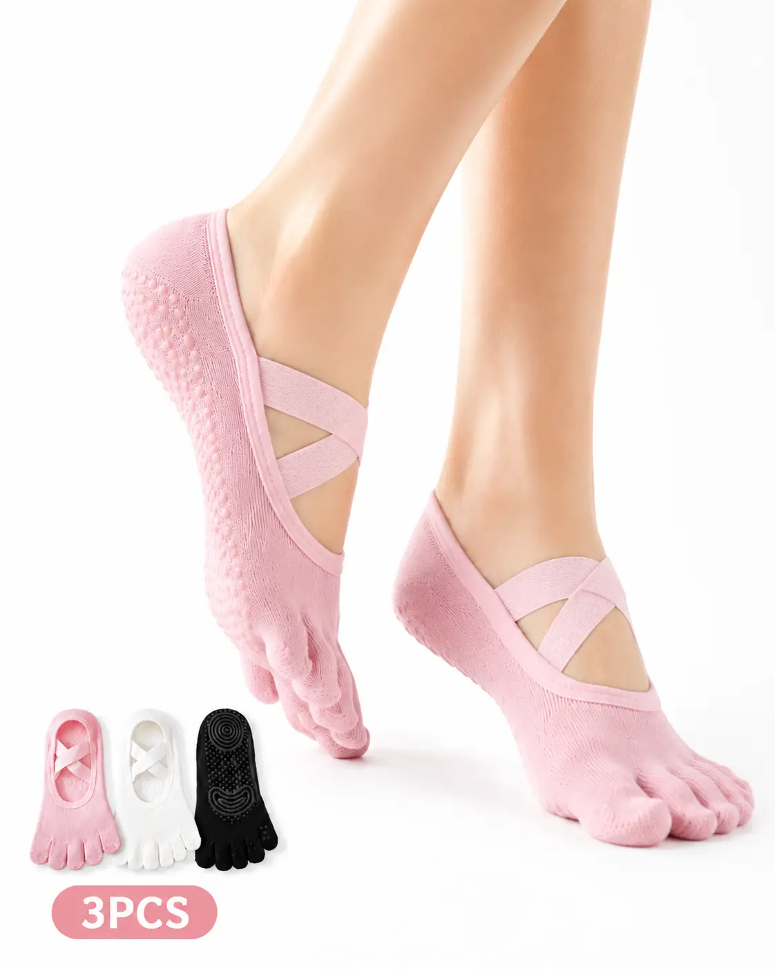 Women's Non-Slip Ankle Fit Yoga Toe Socks (3 Pairs) - Gripped Female Sports Socks for Yoga, Pilates, One Size Fits Most, Pink, Black, White