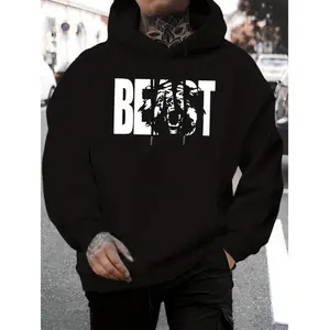 Men's Stylish Alphabet Print Hoodie With Stretch For Fall And Winter Comfort