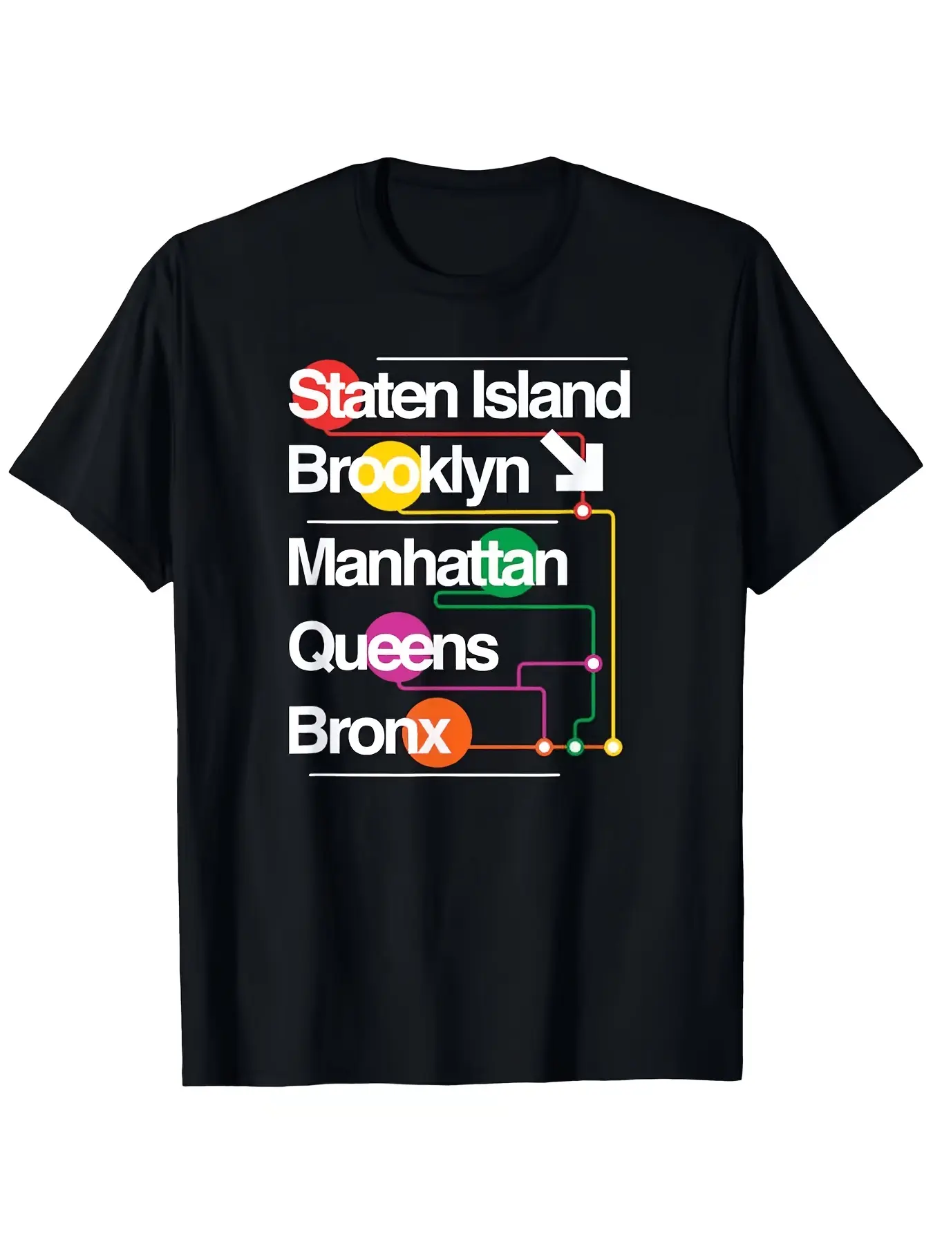 Men's Crew Neck Short-Sleeve Polyester T-Shirt - 2D New York City Subway Map Print, Urban Artistic Style, Black Base with Colorful Lines, Polyester Clothes for New York Enthusiasts' Travel, Knit, Stretch, Dry Clean/Hand Wash Only, Plus Size (0XL,1XL,2XL)
