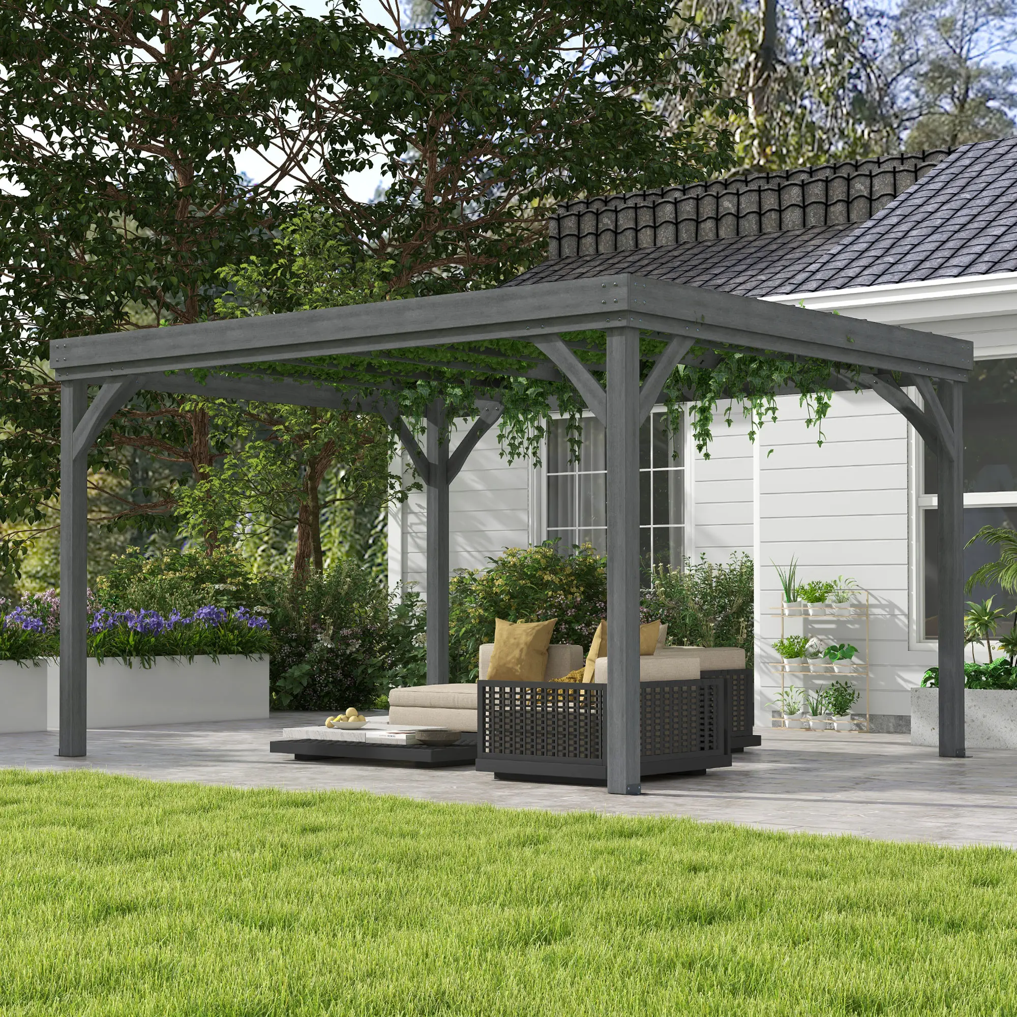 10ft x 12ft Painted Fir Wood Outdoor Pergola - 118in W x 143.75in L Gray Minimalist Grid Sun Protection Shelter, Stable Backyard Patio Garden Gazebo with Concrete Anchors, Assembly Required