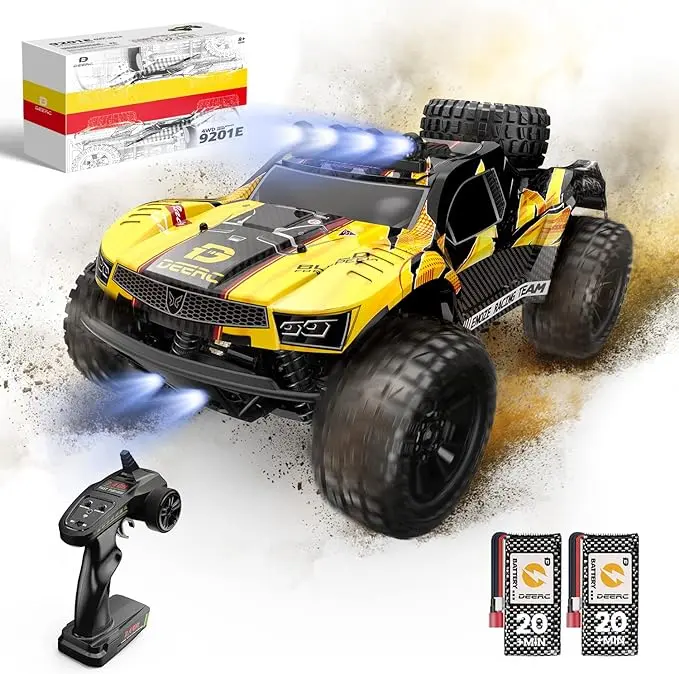 DEERC 9201E 1:10 Large Remote Control Truck with LED Lighting Effects, High-Speed 48 km/h Short Course RC Car, Monster Crawler Vehicle with 2 Rechargeable Batteries, High-Speed Performance