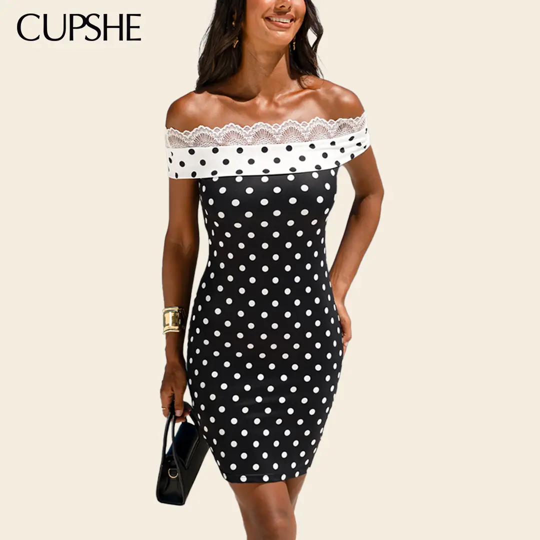 CUPSHE Women's Polka Dot Mini Dress  V-Neck A-Line Short Dress, Flowy Summer Dress with Waist-Defining Fit, Cute Casual Vacation Dress for Beach, Party Date Night Womenswear Black#tiktokshopbacktoschool
