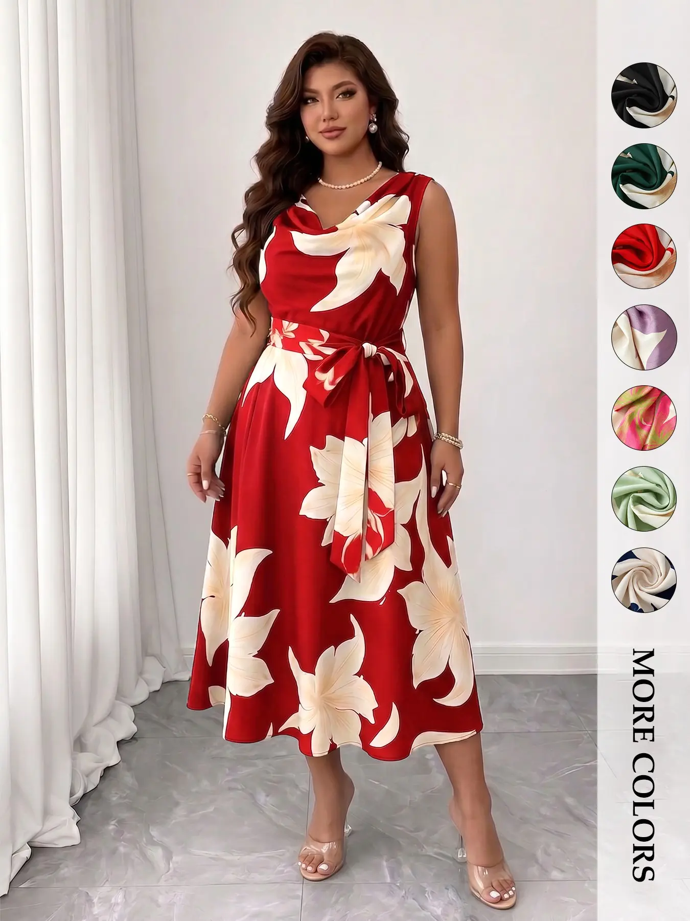 Women's Plus Size Trendy Chic Floral Print Midi Dress, Aesthetic Cowl Neck Sleeveless Tie Waist A-Line Dress, Elegant Curve Flattering Flowy Dress, Elegant Dresses, Ideal for Wedding Guest, Party and Formal Occasion, Vintage Old Money Style