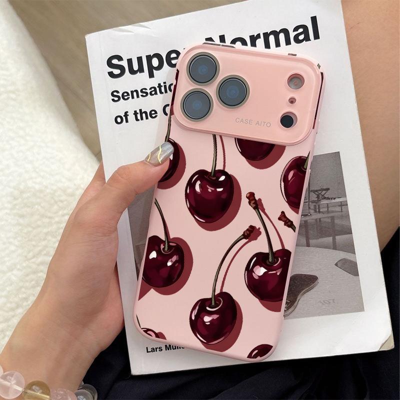 Low-Saturation Retro Red Cherry Pattern Dopamine Ins Style Solid Color Phone Case Ultra Skin Friendly Touch All Inclusive Lens Compatible with Apple iPhone 17 Air 16 15 14 13 12 Por Max