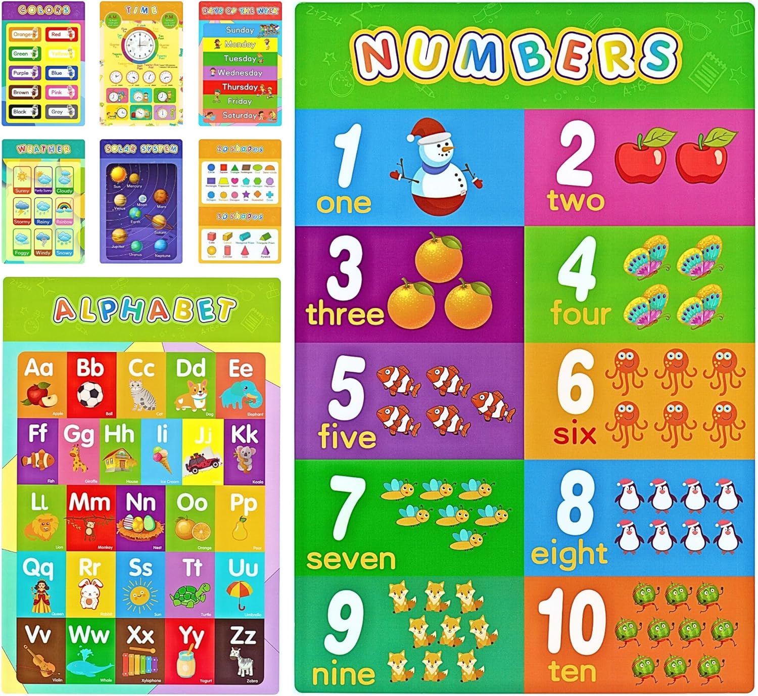 16 Educational Posters for Classroom & Kindergarten - Laminated PreK Learning Charts - ABC Alphabet, Shapes, Colors, Weather, Days of the Week - 11x16.5 Inches - Double Layered Waterproof - Perfect for Early Education