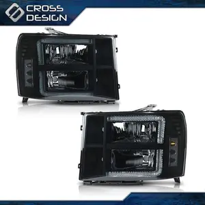 CROSSDESIGN LED DRL Smoke Lens Headlights Lamps Fit For 07-13 GMC Sierra 1500 2500HD 3500HD