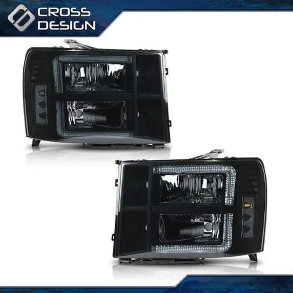 CROSSDESIGN Smoke Lens LED DRL Headlamps - 1 Pair Headlight Replacement Kit, Car Head Lights, Truck Driving Lights, Compatible with 07-13 GMC Sierra 1500, 07-14 GMC Sierra 2500HD/3500HD, Head Lights For Car