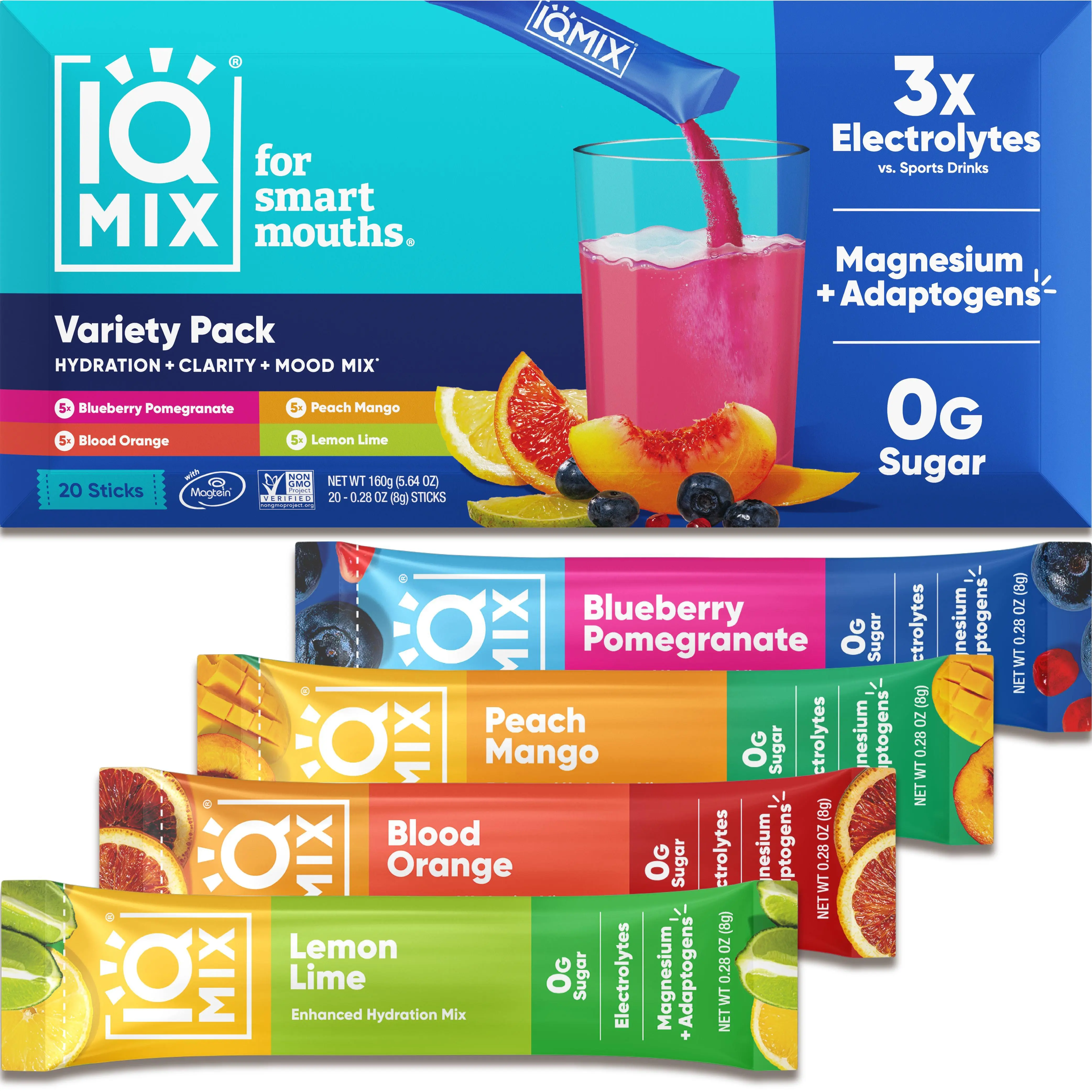 IQMIX Variety Pack (20 Sticks) - Sugar-Free Electrolytes Powder Packets, Lemon Beverage Hydration Mix with Essential Minerals Supplement