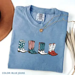 Comfort Colors 4th of July Shirt Cowgirl Boots Shirt, American Tee Fourth of July T-shirt, Cotton Tee