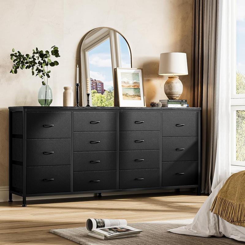 14 Drawer Dresser, 63 in Black Fabric Dresser TV Stand with Power Outlet for 65 70 75 in TV, Long Entertainment Center for Bedroom, Closet, Living Room, Entryway