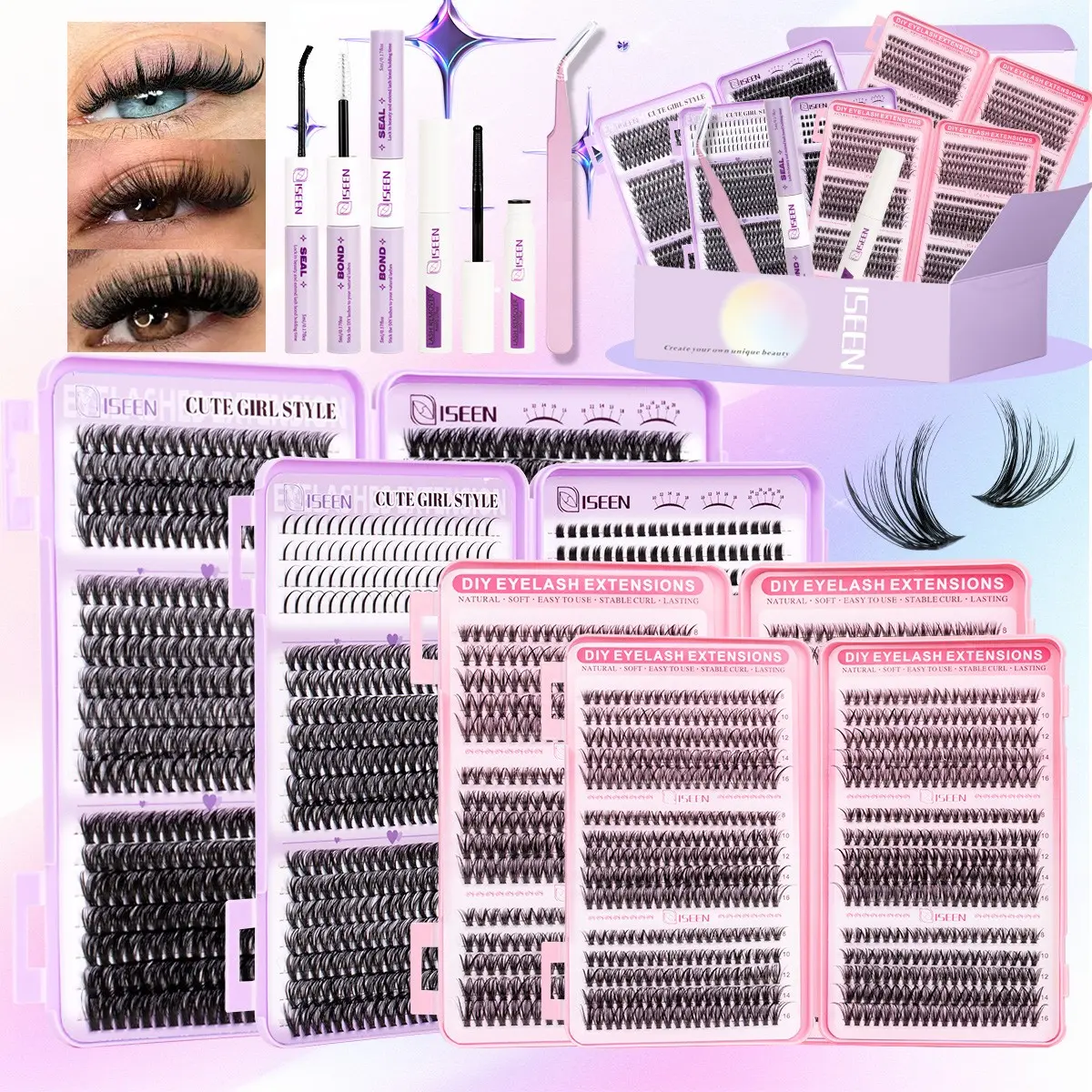 7 Styles Lash Clusters Kit,30D&40D&60D&80D& Bottom&Spiky Styles 1 Set Mixed Length Individval Eyelash Extensions Kit,Self Grafting False Eyelashes with Tweezers&Glue&Remover,Prefessional Cosmetic Eye Makeup Accessories for Women, Diy Lash Clusters