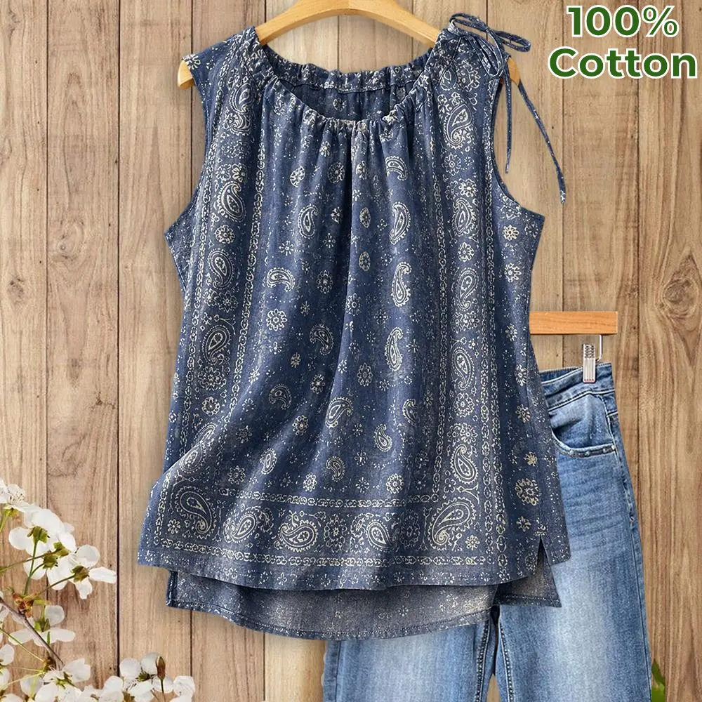 Sage Vell 100% Cotton Sleeveless Paisley Print O Neck Tie Detail Sleeveless Tank Top