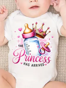 Girls' Infant Romper "THE PRINCESS HAS ARRIVED" with Crown Pacifier Bottle Cartoon Print Cute Short Sleeve Crawling Suit for Outdoor Wear Baby Sailor Outfit Adorable Design Premium Skin-Friendly Material Snap Closure Versatile Occasions Baby Clothing