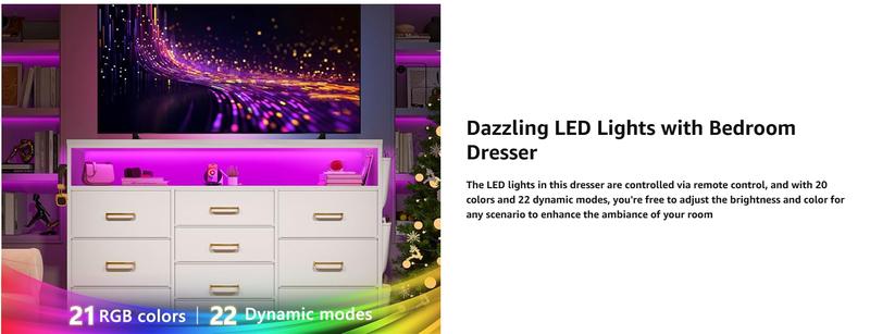 【#TikTokShopFallDealsForYou】Raybee 7/10 Drawer Dresser for Bedroom with Wood Open Shelves, 55" TV Stand with Power Outlets & LED Lights, Fabric & Chest of Drawers
