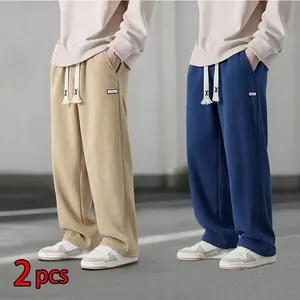 Men’s two-pack solid-color fashion sports pants, relaxed loose wide-leg casual trousers, all-season, black + olive green pocketed casual comfortable loose pants, durable fabric