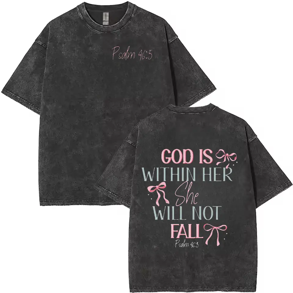 230g Washed Cotton T-Shirt - Dual-Sided Inspirational Design "GOD IS WITHIN HER SHE WILL NOT FALL" & Psalm 46:5, Retro Vintage Loose Fit Unisex Top for Men & Women, Spring Summer Casual Wear Streetwear Tees
