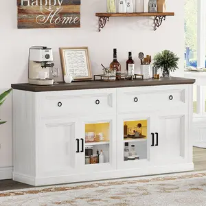 Sideboard Buffet Cabinet with 2 Drawers, 63'' Farmhouse Buffet Table with LED Lights, Transparent Doors & Adjustable Shelves, Coffee Bar with Outlet for Kitchen Dining Room, Antique White