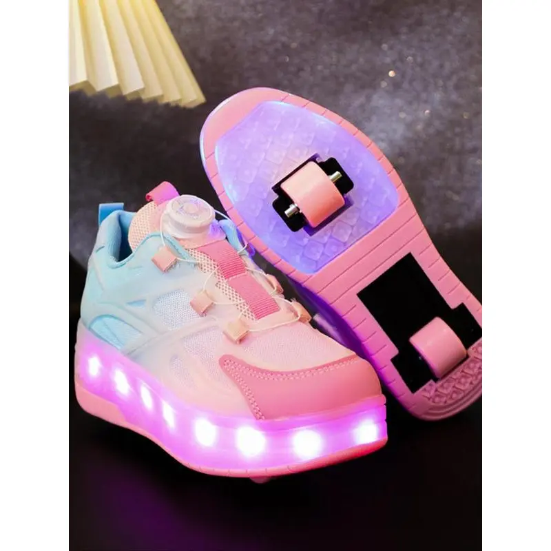 Kids' High-Top Textile Mix Roller Skate Sneakers, USB-Rechargeable LED Lights, Prop 65 Safe, All-Season Daily Wear Trainers for Girls