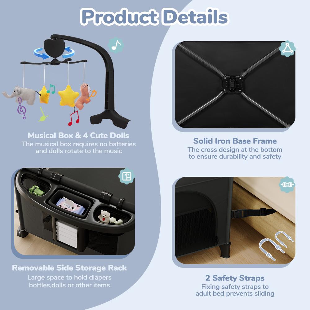 CAVEEN 5 in 1 Baby Playard, WIth Baby Bassinet, Portable Bedside Sleeper Baby Crib, with Removable Changing Station & Storage Organizer, Black CAVEEN 5 in 1 Baby Playard, WIth Baby Bassinet, Portable Bedside Sleeper Baby Crib, with Removable Changing Station & Storage Organizer, Black