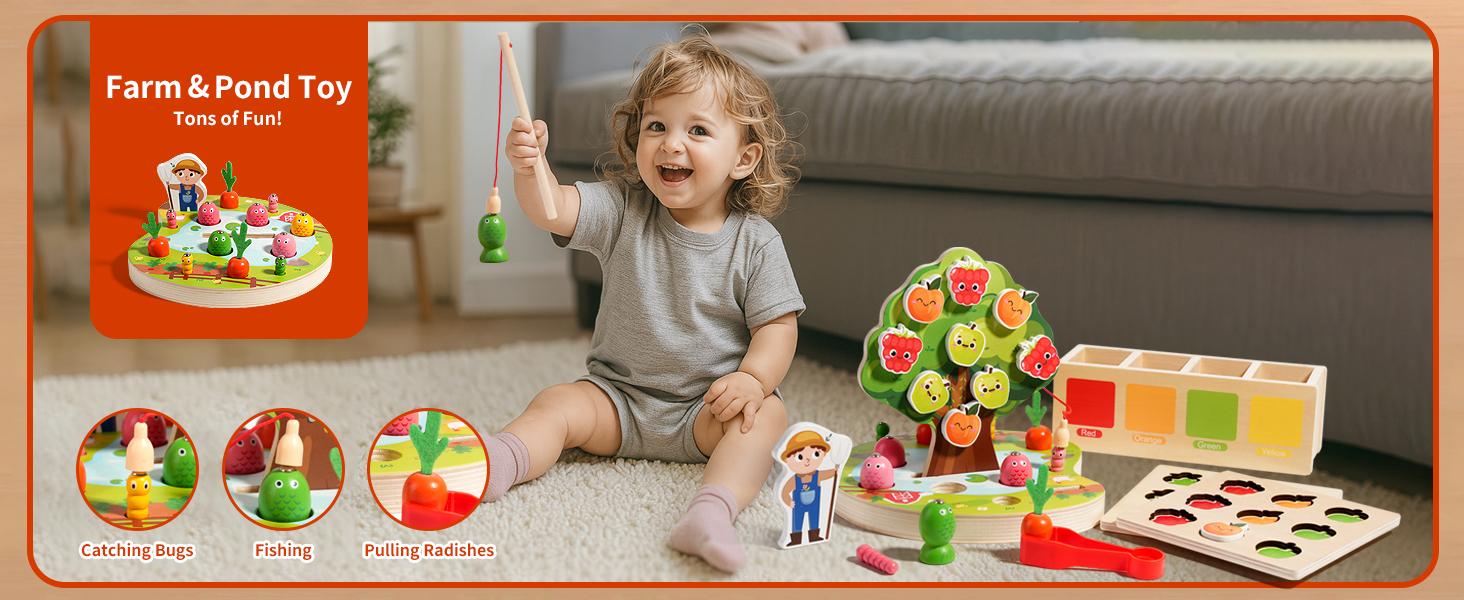 INIFEIDALA Wooden Montessori Educational Toys for 3-5 Year Olds, Shape Sorter with Carrot Harvest & Magnetic Fishing Games, Fine Motor Skills Development Birthday Gifts for Boys & Girls