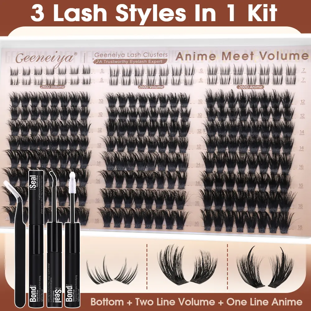 Geeneiya Anime Meet Volume Lash Clusters Kit with Bottom Lashes |Volume Lashes |Spiky Lashes | with Waterproof Lash Bond and Seal, Tweezers,DIY Lash Clusters Kit D Curvature #sohochic,back to school