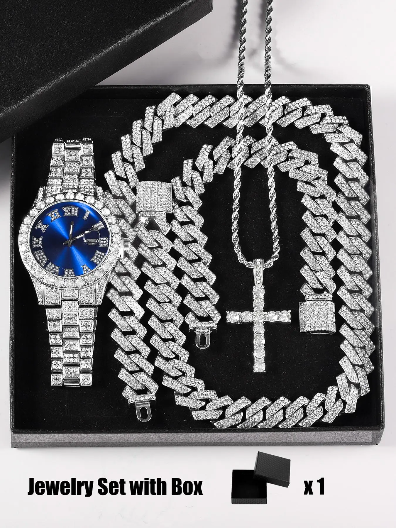 Luxury Punk Trendy Watch Set with Necklace Bracelet Cross Pendant, Analog Quartz Movement, Adjustable Strap, Unisex Gift Box for All Seasons, Fashionable Jewelry Set